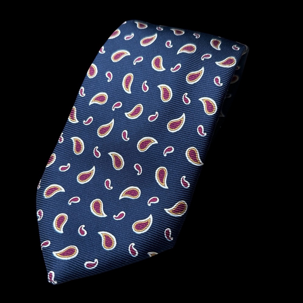 Peter Millar Mens Silk Tie Navy Blue Burgundy Gold Paisley Pattern Necktie